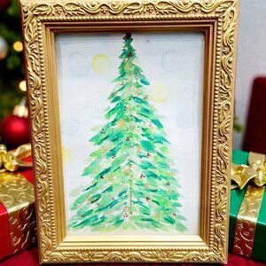 A Framed Hand Painted Watercolour Christmas Tree Painting 5 x 7